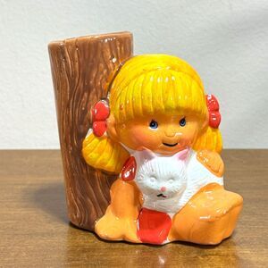 Vintage JSNY Vase Girl with Cat Pencil or Make-up Brush Holder Taiwan